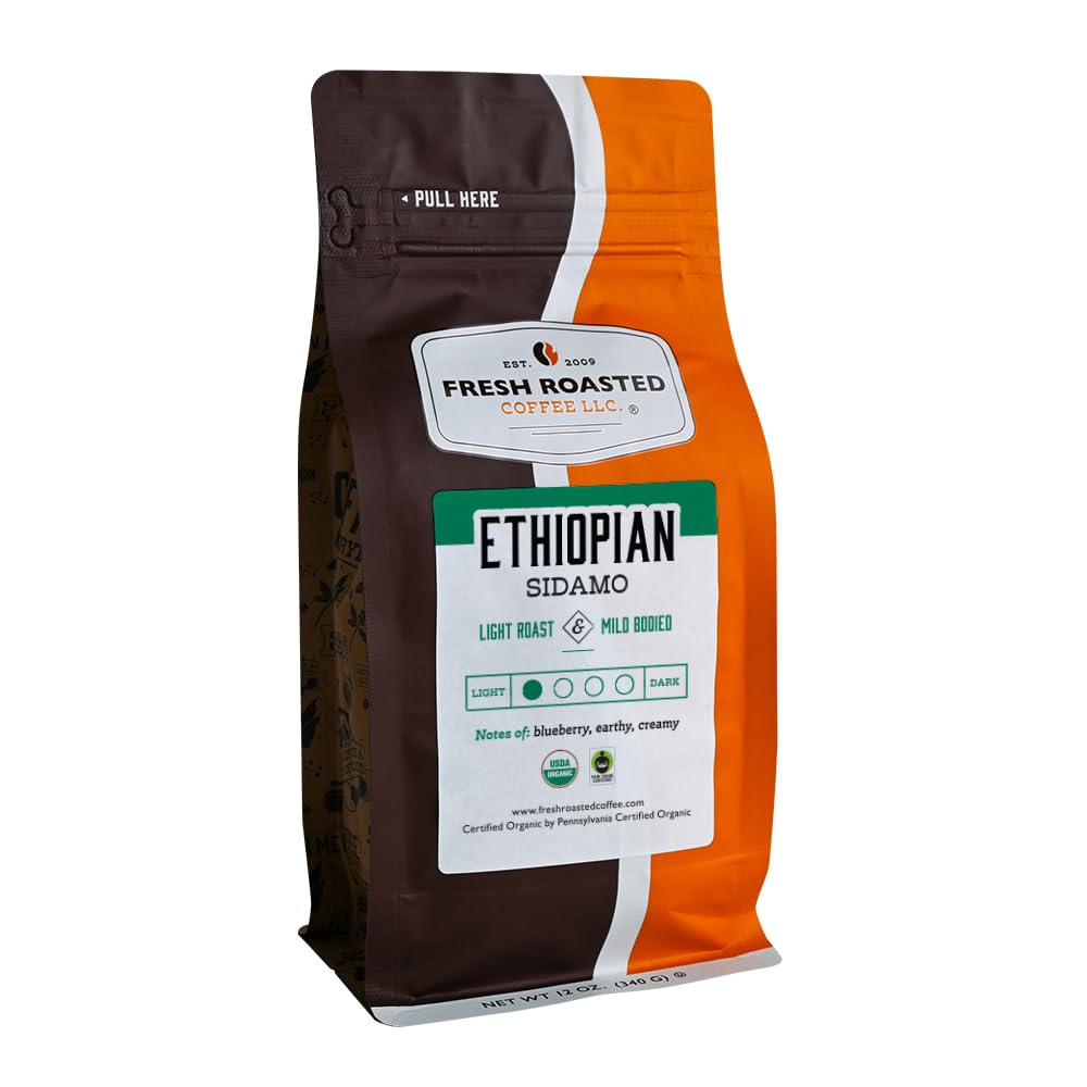 Fresh Roasted Coffee, Organic Ethiopian Sidamo, 12 Oz, Light Roast, Fair Trade Kosher, Whole Bean