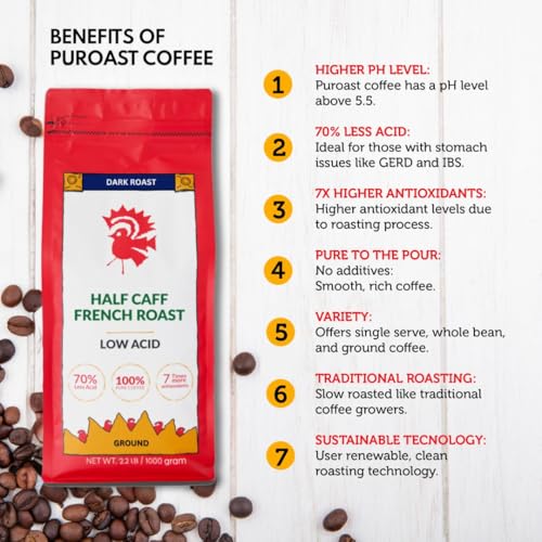 Puroast Coffee Half Caff French Roast Ground, 35.2 Ounce, Dark Roast, Specialty Coffee