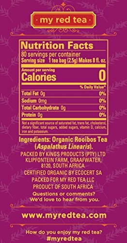 MY RED TEA Organic Rooibos Tea, Caffeine-Free, 80 Tagless Teabags, 6.8 Ounce, Sustainably Farmed in South Africa, Red