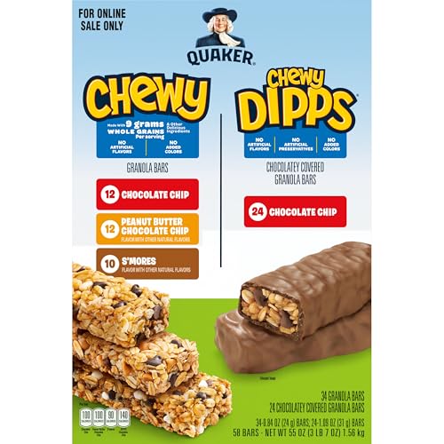 Quaker Chewy Granola Bars, Chewy & Dipps Variety Pack, (58 Bars), Whole Grains, No Artificial Flavors, No Added Colors