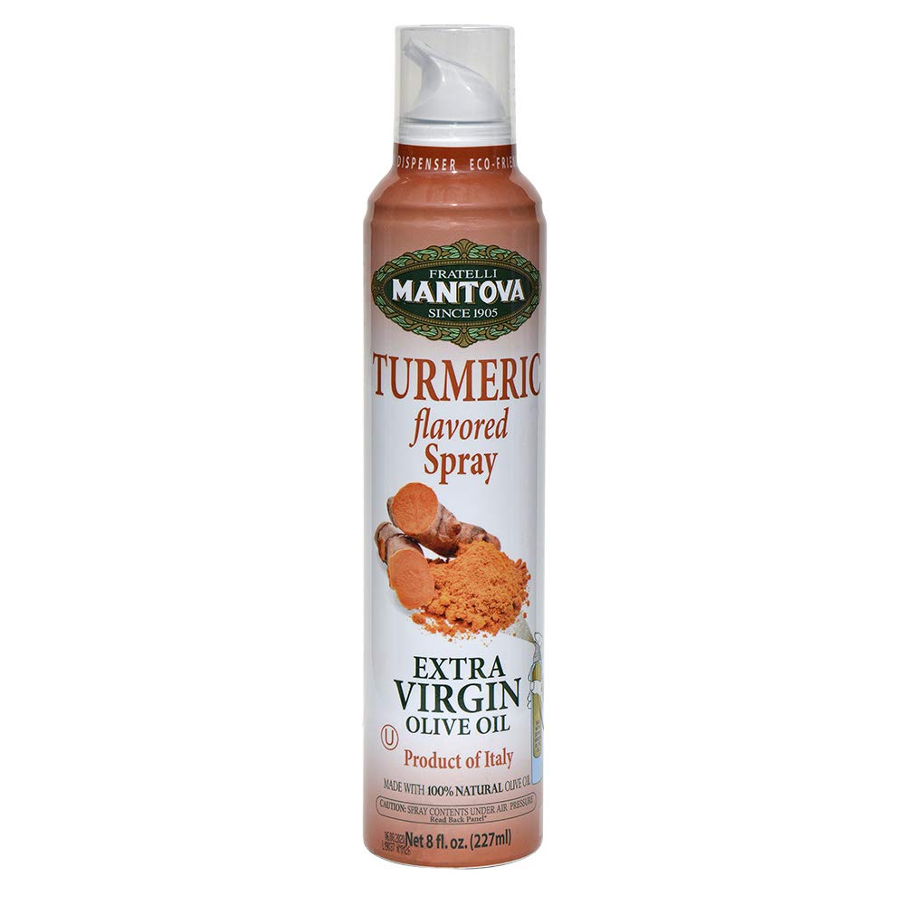 Mantova Turmeric Flavored Extra Virgin Olive Oil Spray, heart-healthy cooking spray perfect for salads, pasta sauces, 100% natur