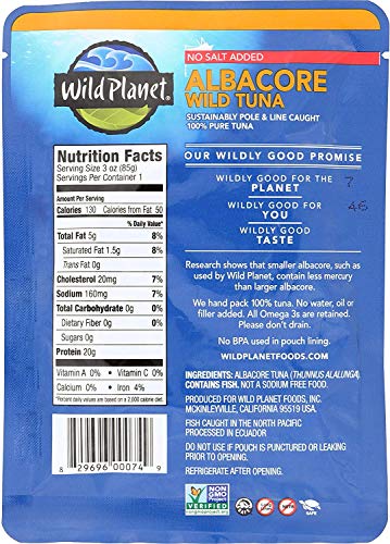 Wild t Wild Albacore Tuna  No Salt Added  Sustainably Wild-Caught  Kosher  Gluten Free  Keto and Paleo  3rd Party Mercury Tested  3 Ounce Pouch (Pack of 1)