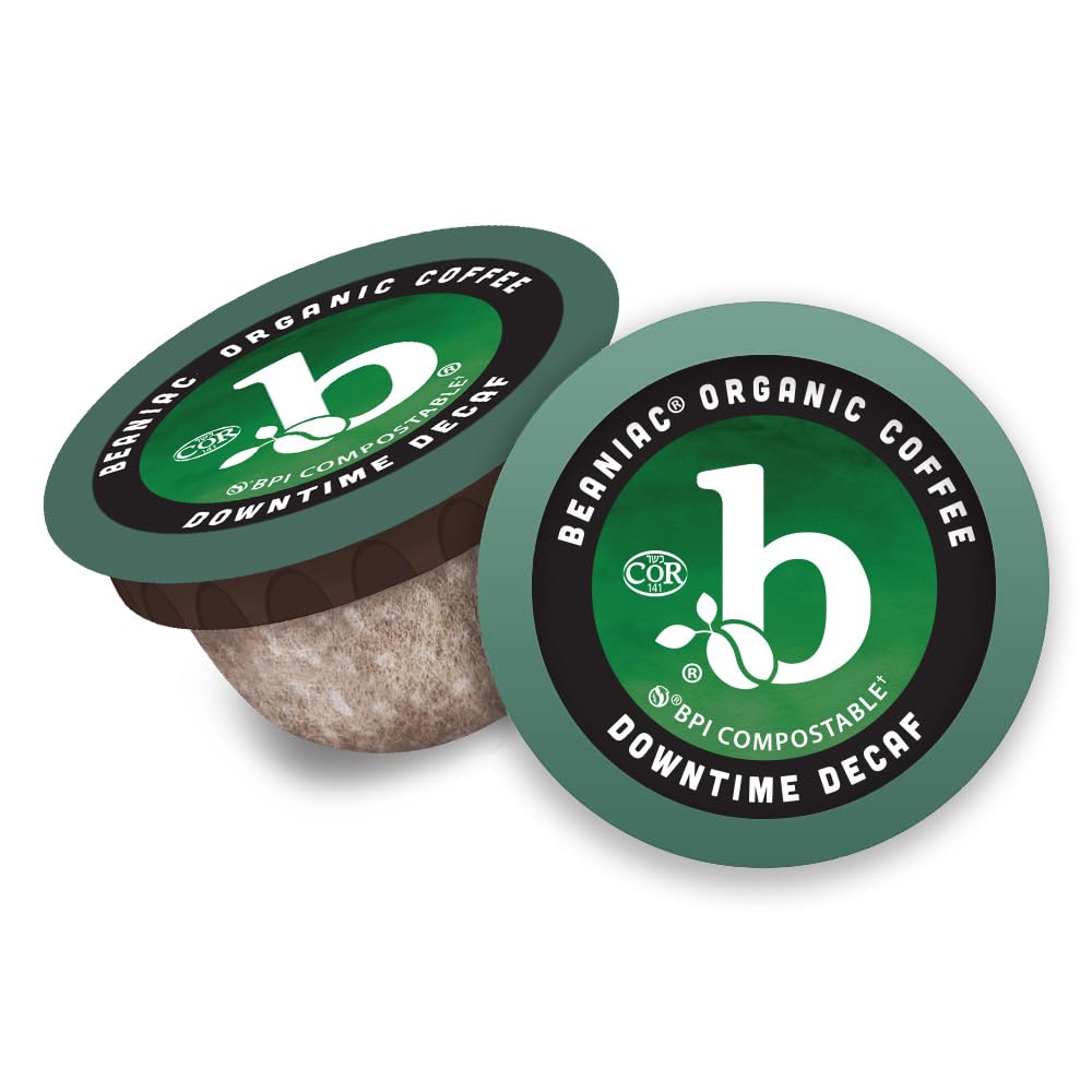 beaniac Organic Decaf Coffee Pods, Medium Roast, 30 Count Single Serve Compostable K Cups, Swiss Water Processed, Keurig Compatible