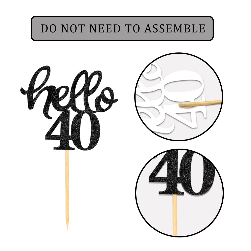 Black Glitter 40Th Birthday Cupcake Toppers 40Th Birthday Celebrating Party Decorations - Set Of 24