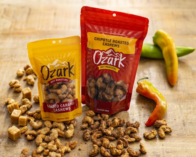 OZARK NUT ROASTERS, Salted Carmel Cashews, Flavored Snack Nuts, World-Class Gourmet Candied Peanuts, 3 Ounces Resealable Pack