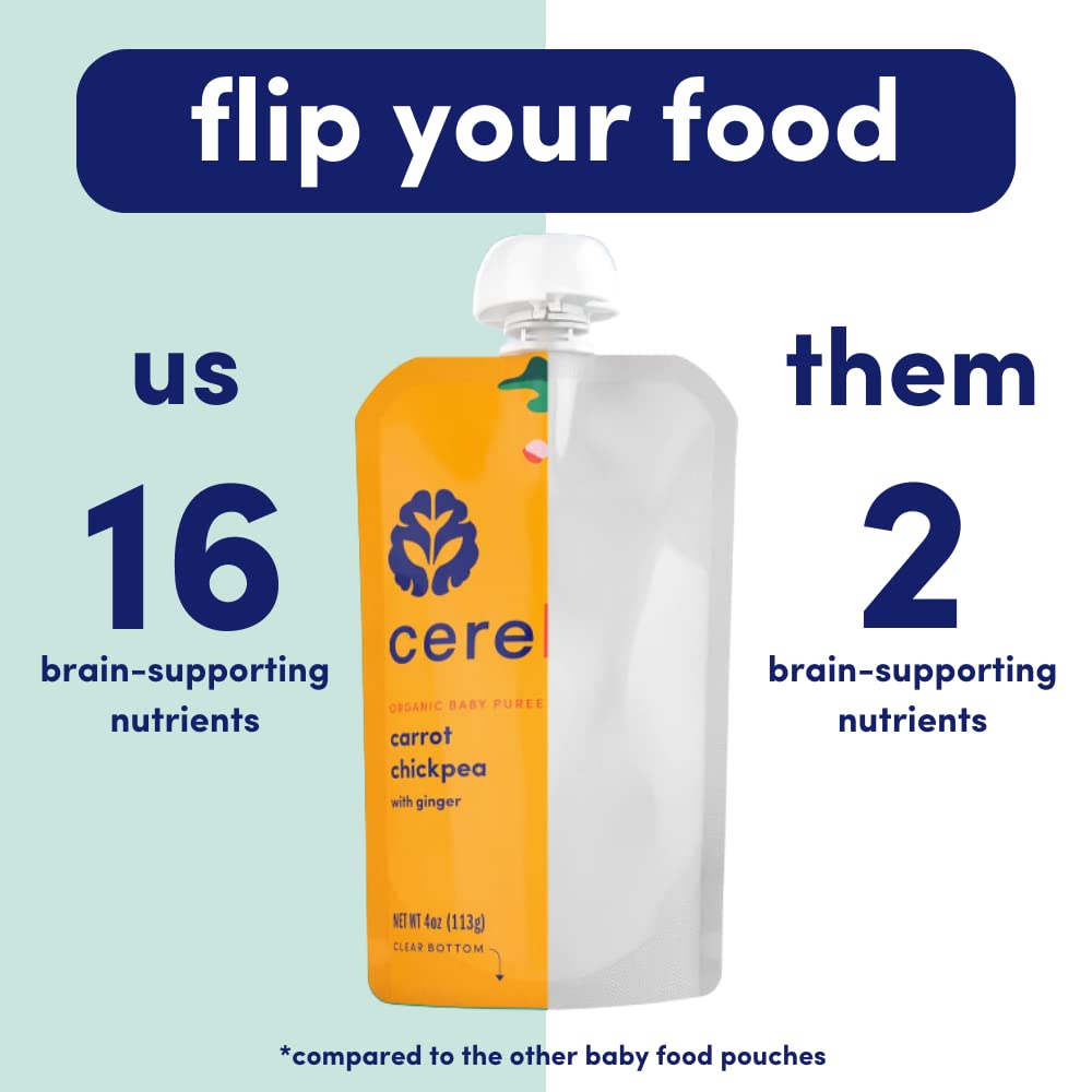 Cerebelly Organic Baby Food Pouches, Carrot Chickpea Purees, 16 Nutrients, No Added Sugar, Fiber & Non-Gmo, 4Oz, 12 Pack