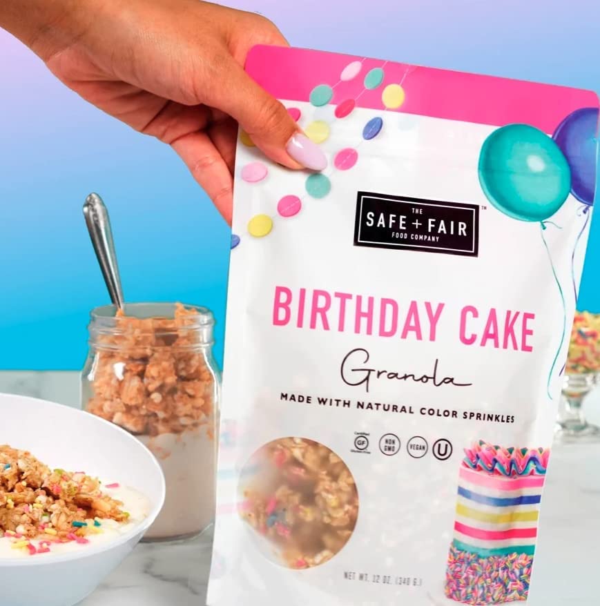Safe + Fair Birthday Cake Granola - Gluten-Free, Vegan & Plant-Based Snack with Natural Sprinkles - 0g Trans Fat, Non-GMO, Koshe
