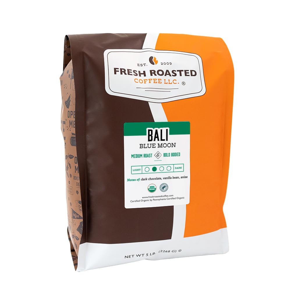 Fresh Roasted Coffee, Organic Bali Blue Moon, 5 Lb (80 Oz), Medium Roast, Kosher, Whole Bean
