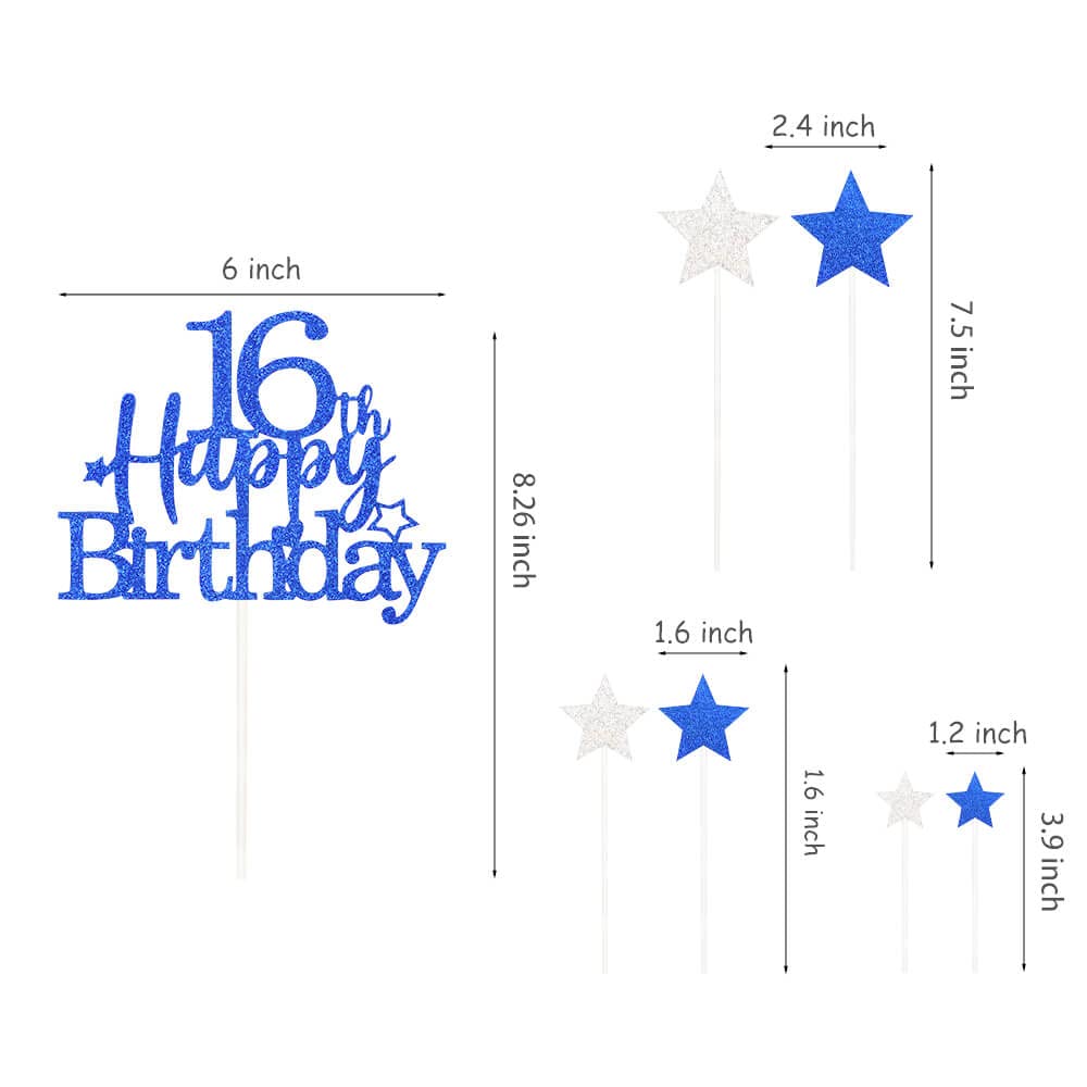 Pargleev Glittery 16Th Cake Topper With Star Boys And Girls 16Th Birthday Party Supplies, Sixteen Years Old Birthday Party Decor