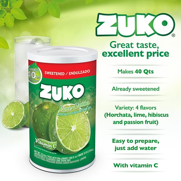 Zuko Lime Instant Powder Drink, Canister, No Sugar Needed, 33.4 Oz (Pack Of 6)
