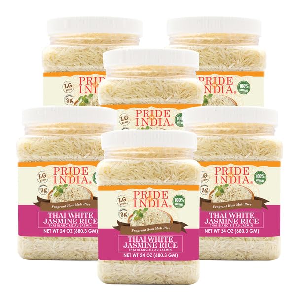 Pride Of India Thai White Jasmine Rice, Fragrant Hom Mali, 1.5 Pound Jar, Pack of 6