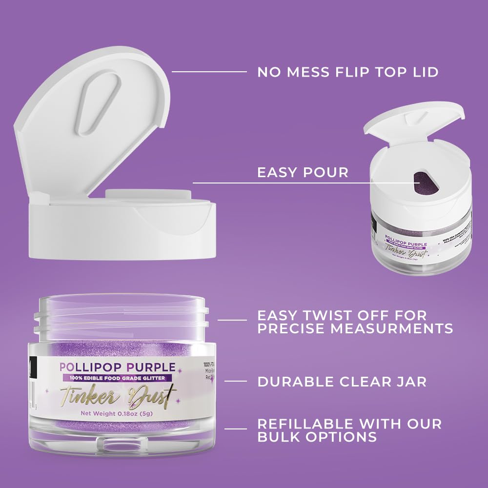 Bakell - Pollipop Purple Tinker Dust (5G, 1X Jar) Edible Glitter For Food, Desserts, And Beverages!