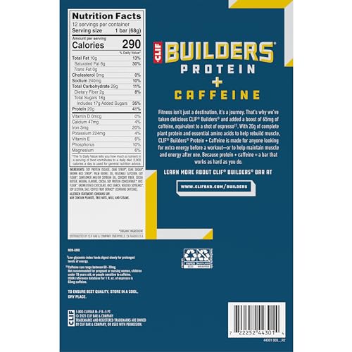 Clif Builders + Caffeine Protein Bars - Chocolate Chip Cookie Dough Flavor - 20G Plant Based Protein - Gluten Free - Non-Gmo - Low Glycemic - No Artificial Sweeteners - 2.4 Oz. (12 Pack)