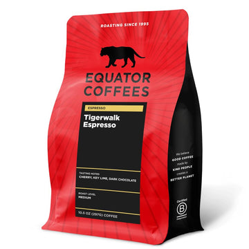 Equator Coffees, Tigerwalk Espresso, Whole Bean Coffee, Medium Roast, Fresh Roasted, Cherry, Chocolate, Strawberry And Lemon Flavor Notes, Sustainable, 10.5 Oz Bag