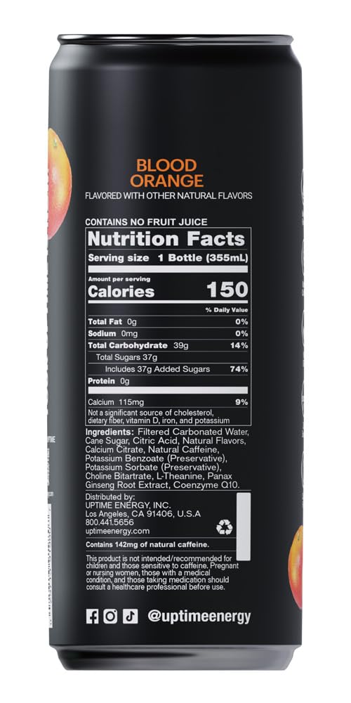 UPTIME Premium Energy Drink - Blood Orange Flavor, 12oz Bottles, 12 Pack, Sparkling, Natural Caffeine