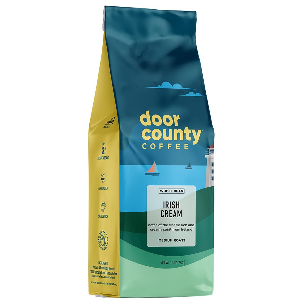 Door County Coffee Irish Creme Flavored Coffee Whole Bean | 10 Oz Bag | Flavored Whole Bean Coffee Medium Roast | 100% Specialty