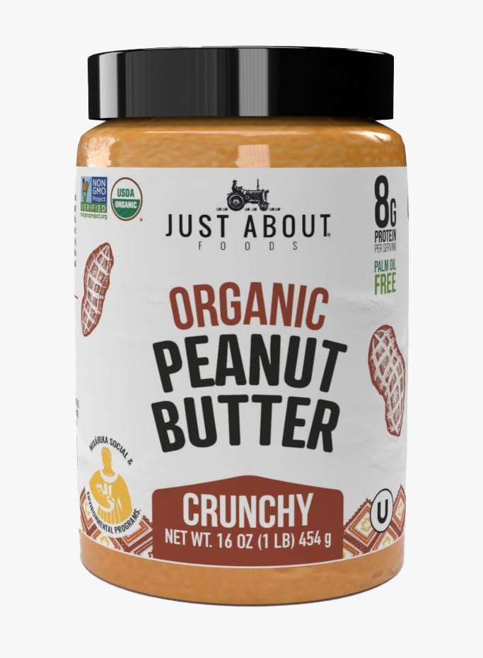 Just About Foods Organic Keto Peanut Butter Crunchy - Gluten-Free, No Sugar Added, Unsweetened, 16 Ounce