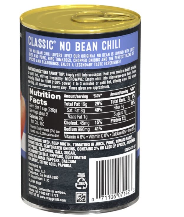 STAGG CLASSIC Chili No Beans, 15 Oz Cans, 12-Pack, Vegetarian, Ready-to-Eat