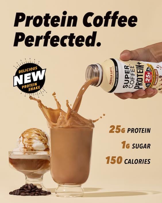 SUPER COFFEE Protein+  Keto Protein Coffee (0g Added Sugar  25g Protein  150 Calories) [Vanilla] 12 Fl Oz  12 Pack | Iced Smart Coffee Drinks