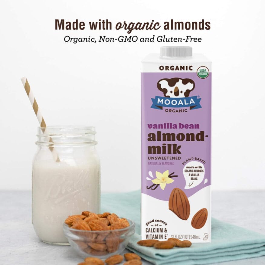 Mooala Organic Vanilla Bean Almond Milk Unsweetened 32 fl oz (Pack of 6) - Shelf-Stable, Lactose Free, Gluten-Free, Vegan, No Ad