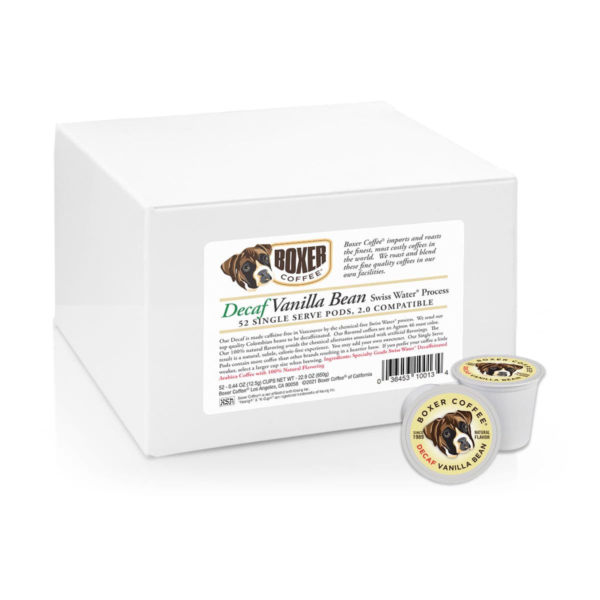 Boxer Coffee 52 Count Decaf Vanilla Bean Swiss Water Process Natural Flavoring Single-Serve Cups Pods Specialty Grade gourmet artisan coffee  Keurig K-Cup 2.0 Compatible