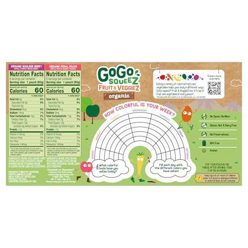 GoGo squeeZ Organic Fruit & veggieZ Applesauce and Puree Variety Pack, Pedal Peach and Boulder Berry, 3.2 oz (Pack of 12), Unswe