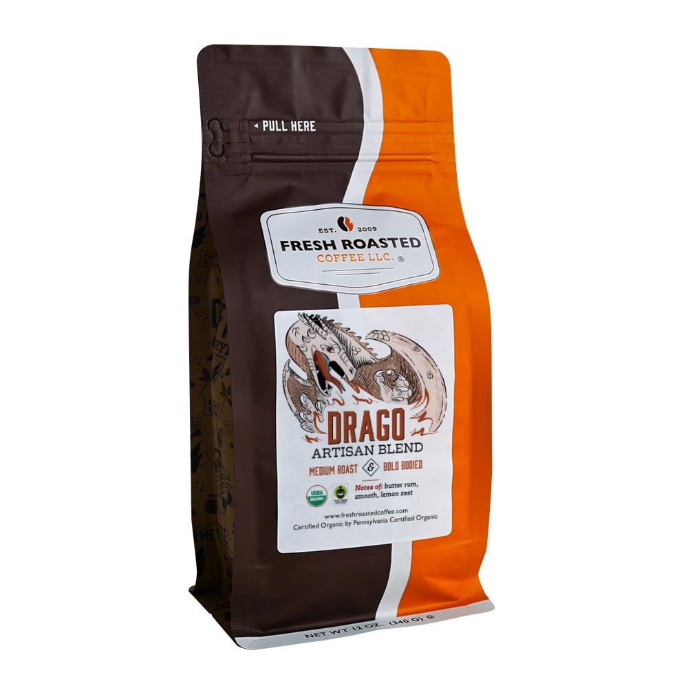 Fresh Roasted Coffee Organic Drago Café Blend - Medium Roast 12 oz Ground, USDA Organic, Kosher