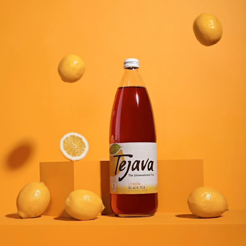 Tejava Lemon Flavored Unsweetened Black Tea, Non-Gmo Verified, Rainforest Alliance Certified, Glass Bottles, 1 Liter, 12 Pack