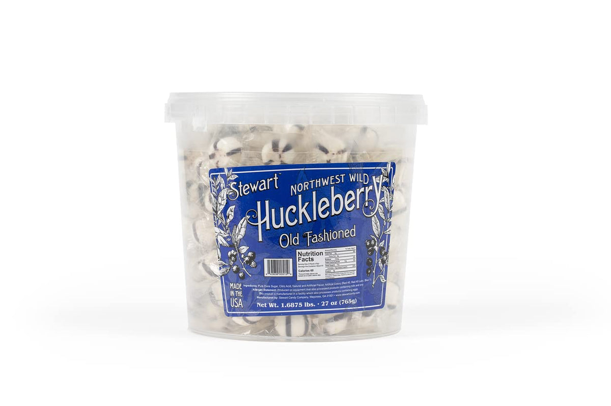 Stewart Old Fashioned Huckleberry Flavored Pure Sugar Candy Puff Balls - Individually Wrapped Candy Snack, Fat-Free, Cholesterol-Free, Gluten-Free, Made In The Usa - 27Oz Tub