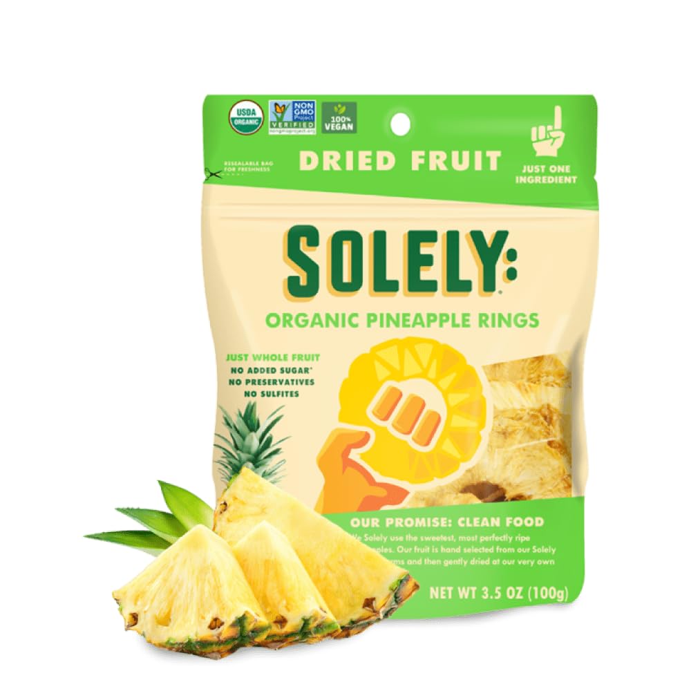 Solely - Organic Dried Pineapple Rings (3.5 Oz Resealable Bags, Pack Of 4) - Real Fresh Fruit - 1 Ingredient - Healthy Snacks For Mature-Themeds & Kids - Non Gmo, Vegan Snacks, Shelf Stable - 4 Bags (14 Oz)