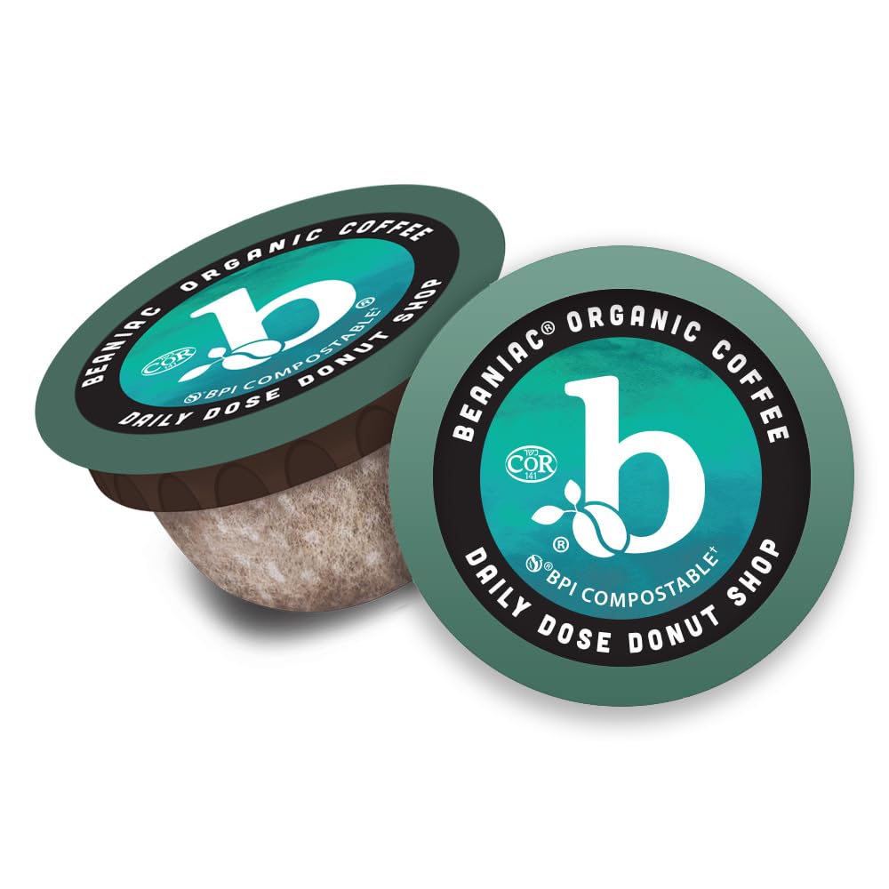 beaniac Organic Light Roast Coffee Pods, Single Serve Compostable K-Cups, 72 Count