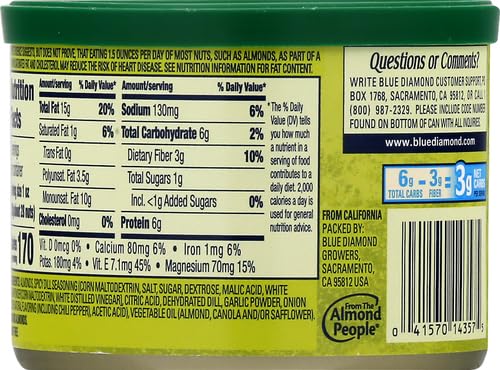 Blue Diamond Almonds Spicy Dill Pickle Flavored Snack Nuts, 6 Oz Resealable Can (Pack of 2)