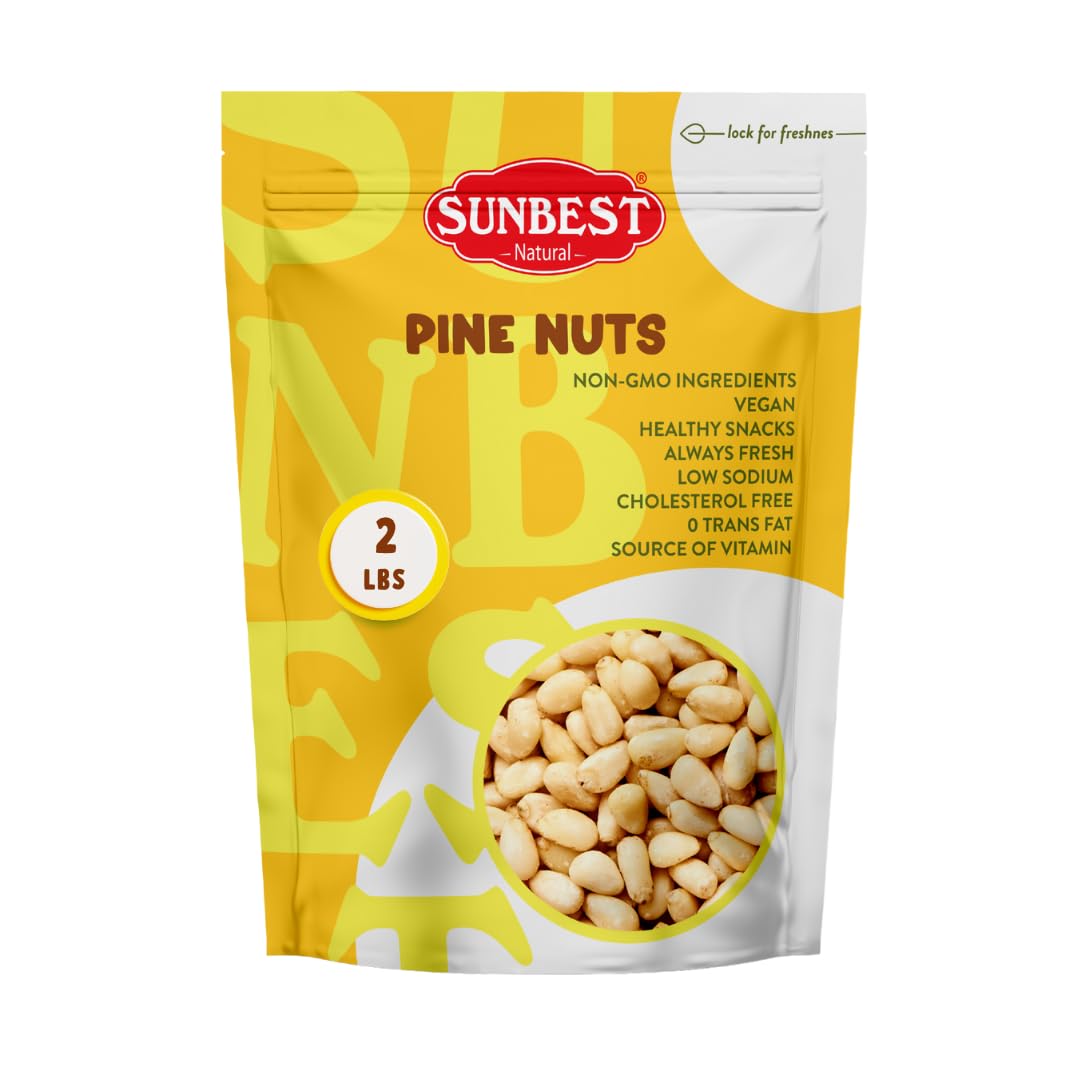 Sunbest Natural Pine Nuts Pignolia 32 Oz (2 Lbs) 1 Pack – Unsalted, Raw, Crunchy, Fresh & Delicious, Kosher Certified - Ideal For Snacking, Topping & Baking - Non-Gmo, Gluten Free