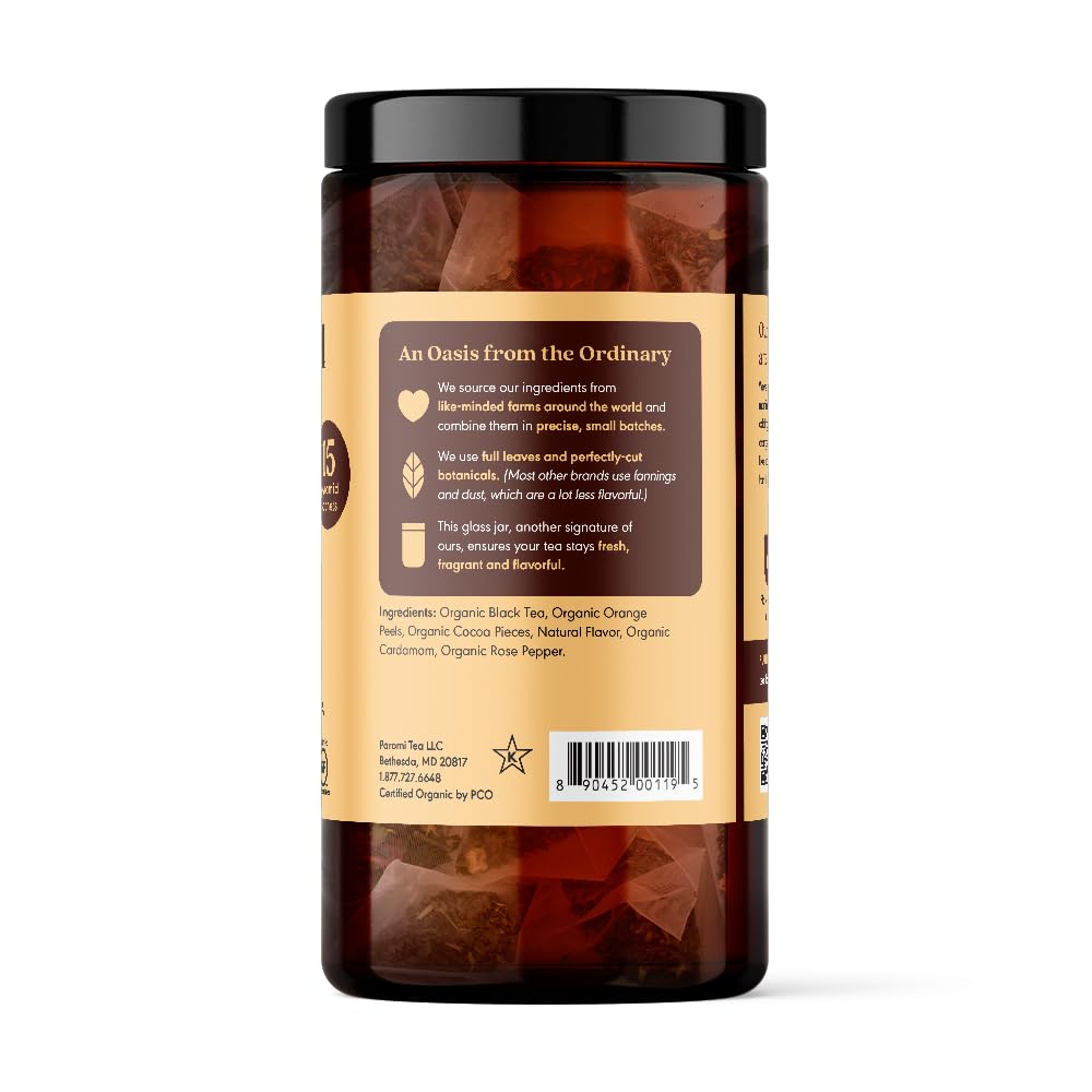 Paromi Chocolate Orange Organic Black Tea, Signature Jar, 15 Count