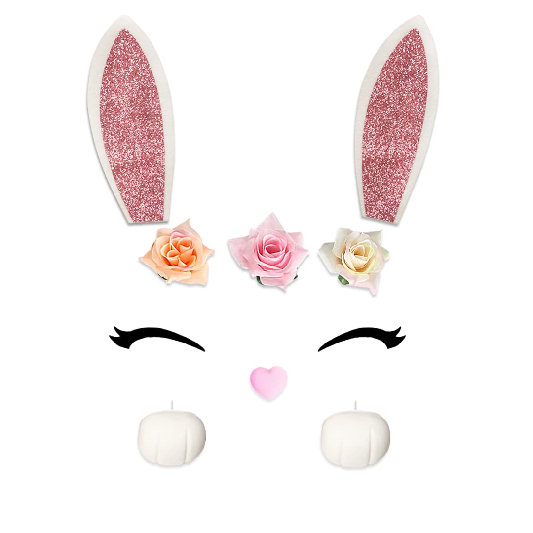 DiDida Bunny Cake Topper - Plastic Bunny Ear Set with Flowers, Model 012 for Baby Showers & Easter Decorations