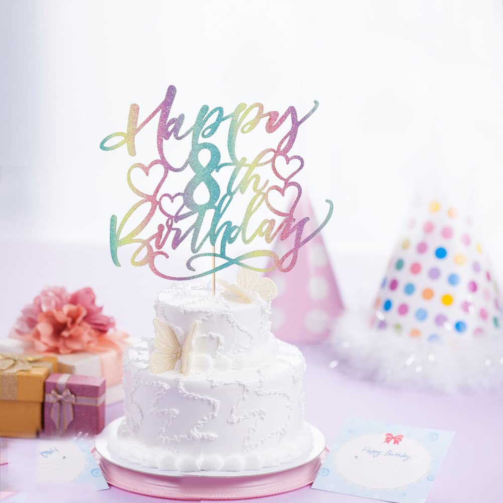 Yetxel Cake Topper - Happy 8th Birthday - Boys and Girls - Paper Decoration - Color Flash Design