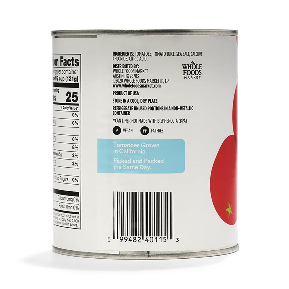 365 by Whole Foods Market Whole Peeled Tomatoes, 28 Ounce, 1.75 Pound Pack, Canned Tomato Product