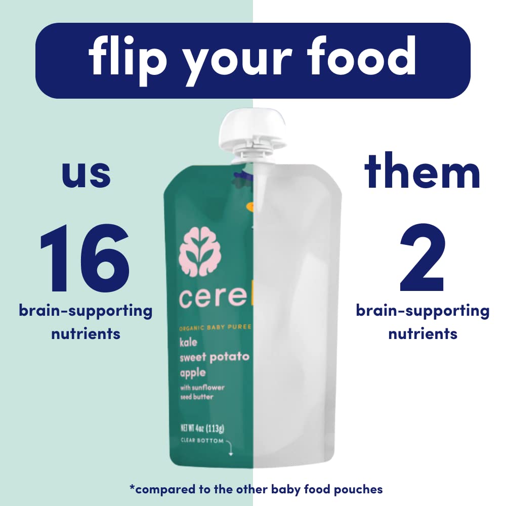 Cerebelly Organic Baby Food Pouches, Kale Sweet Potato Apple Purees, 16 Nutrients, No Added Sugar, Fiber & Non-GMO, 4oz, 12 Pack