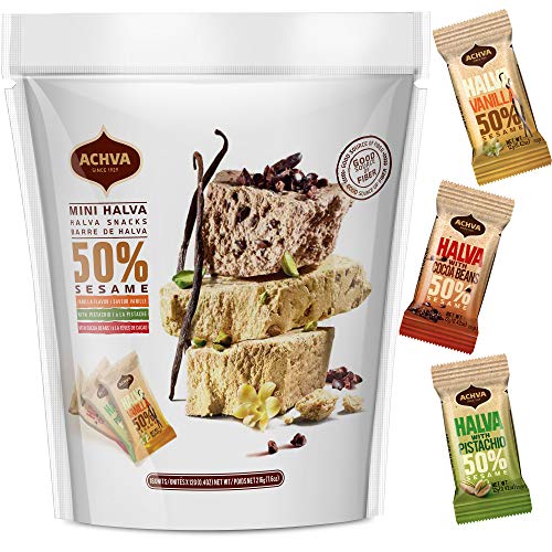 Halva Tahini Bar Mini Snacks - Assortment Of 18 Snack-Sized Halvah Pistachio, Vanilla, And Cocoa Bean Israeli Snacks - Vegan, Ko