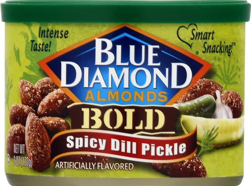 Blue Diamond Almonds Spicy Dill Pickle Flavored Snack Nuts, 6 Oz Resealable Can (Pack of 2)