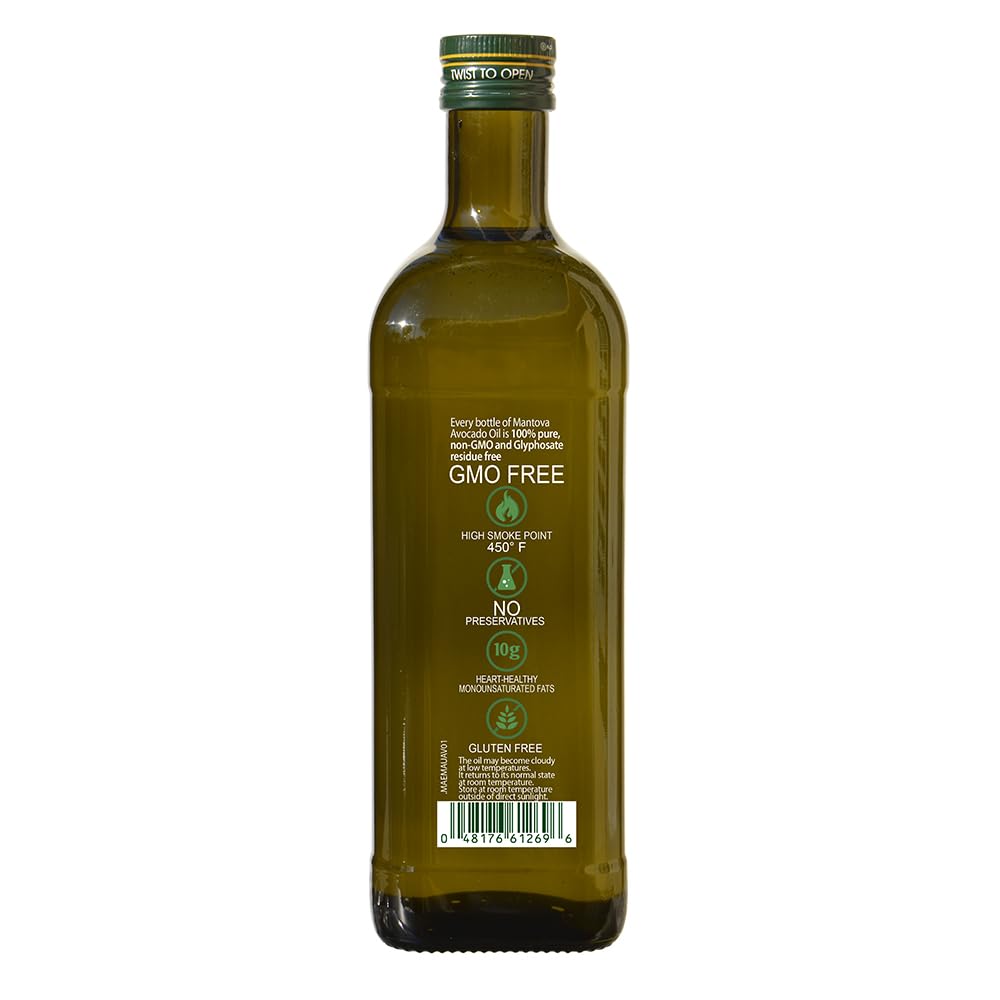 Mantova Avocado Oil 34Oz, 100% Pure Avocado Oil, Trans Fat Free, Cholesterol Free, All Purpose Cooking Oil, Keto Friendly (34 Ou