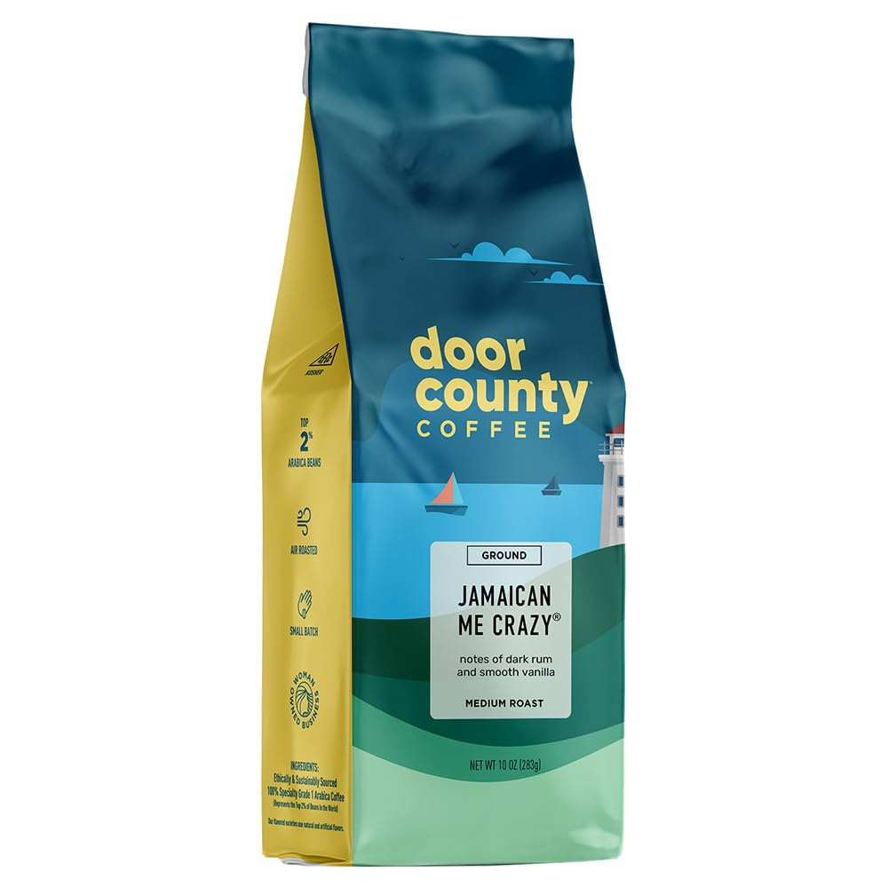 Door County Coffee Jamaican Me Crazy Flavored Ground Coffee, Medium Roast, 10 oz Bag