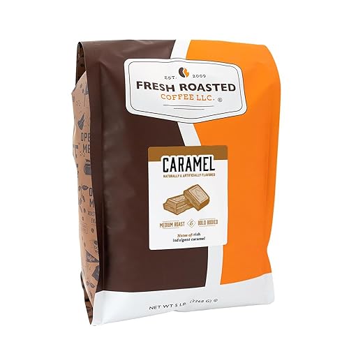 Fresh Roasted Coffee, Caramel Flavored Coffee, 5 Lb (80 Oz), Medium Roast, Kosher, Ground