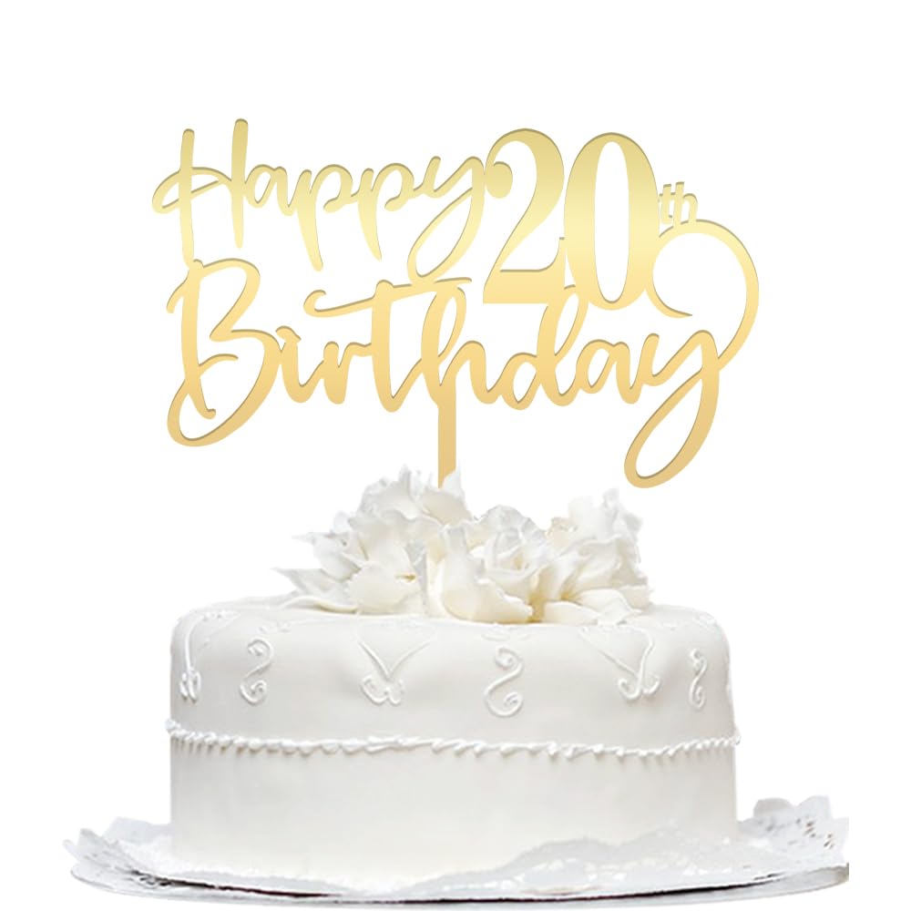 Happy 20th Birthday Cake Topper - Mirrored Gold Acrylic, Party Decorations