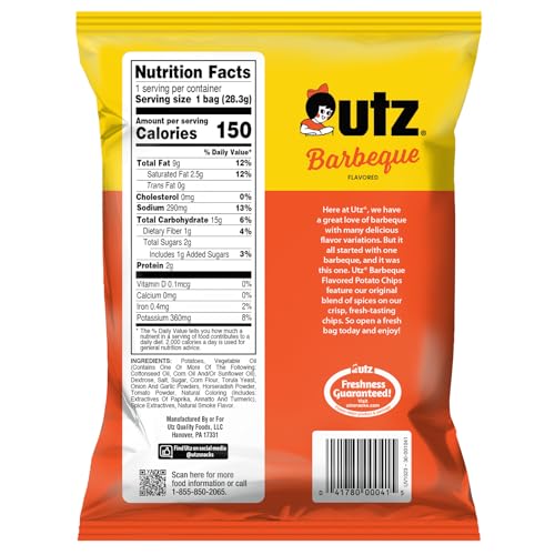 Utz Potato Chips  Barbeque - 1 Ounce (Pack of 60)  Crispy Potato Chips Made from Fresh Potatoes  Crunchy Individual Snacks to Go  Cholesterol Free  Trans-Fat Free  Gluten Free Snacks