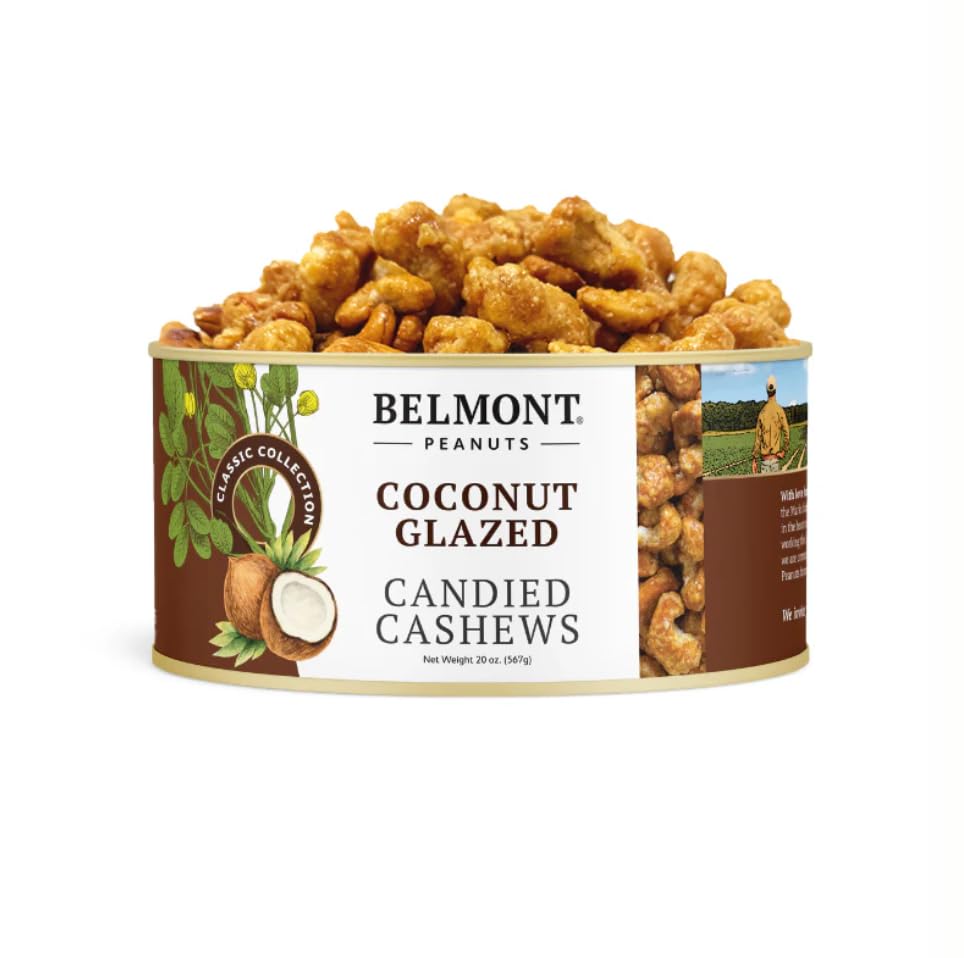 Belmont Peanuts Coconut Glazed Candied Cashews  20 Oz (1 Pack) - Simple Ingredients  No Preservatives  Hand Seasoned