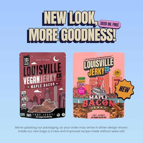 Louisville Vegan Jerky - Maple Bacon Vegan Meat - Lip-Smacking Vegan-Friendly & Vegetarian Jerky - Non-Gmo Soy Protein, Gluten-Free High Protein Vegan Snacks