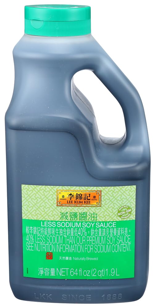 Lee Kum Kee Less Sodium Soy Sauce (64 oz - 1 Pack) Vegan  Non-GM Soybeans | Umami Flavor | Perfect for Marinades  Stews  Sauce Mixes  Stir-Frying  Drizzling  Dipping  Seasoning & Braising