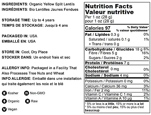 Food To Live Organic Yellow Split Lentils, 1 Pound - Non-Gmo Golden Lentils, Raw, Dried, Vegan, Kosher, Bulk, Good Source Of Protein, Fiber, And Iron. Low Sodium, Low Fat, For Cooking, Soups, Chili.