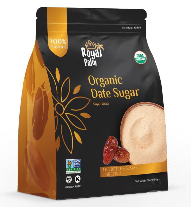 Royal Palm Organic Date Sugar | enhanced Natural Sweetener | Ideal Baking Sugar Substitute | High-Fiber Vegan & Paleo Alternative | Gluten-Free & Kosher | Non-GMO | 16oz Pack
